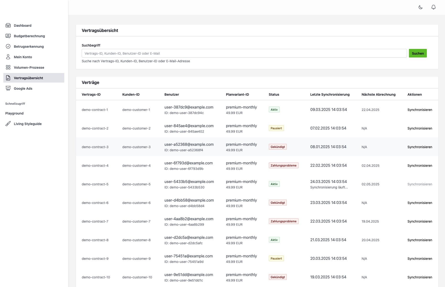 Screenshot of contract management feature